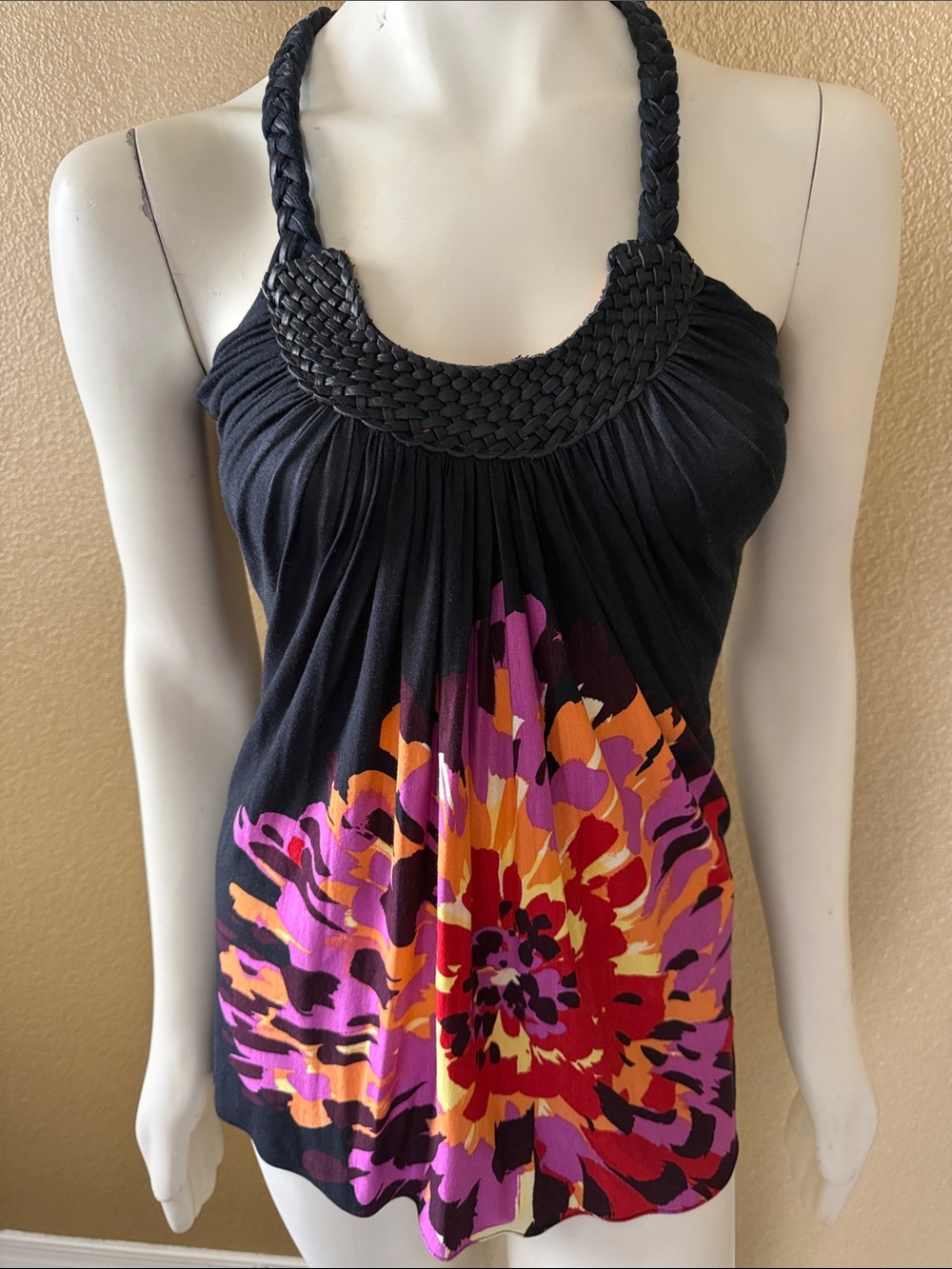 Sky Black Halter Camisole with Pink Orange Floral Burst